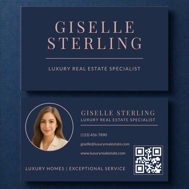 Dusty Rose Navy Blue Real Estate Agent QR Code Business Card (Creator Uploaded)