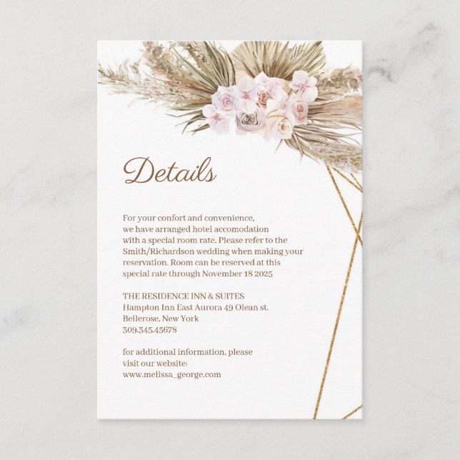 Dusty Rose Orchid Pampas Grass Gold Arch Details Enclosure Card (Front)