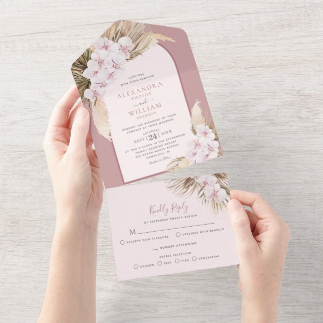 Dusty Rose Pampas Grass Orchids Tropical Wedding All In One Invitation (Tearaway)