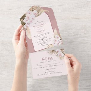 Dusty Rose Pampas Grass Orchids Tropical Wedding All In One Invitation