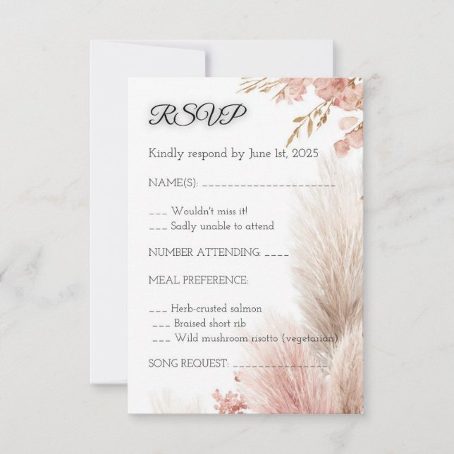 Dusty rose pampas grass RSVP card invitation (Devant)
