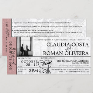 Dusty Rose Paris Wedding Boarding Pass Invitation