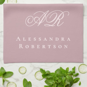 Dusty Rose Pastel Pink Monogram Name Minimalist Kitchen Towel