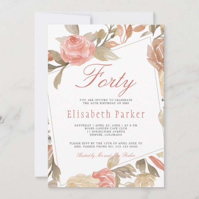 Dusty Rose Peach Cream Floral 40th Birthday Party Invitation (Front)