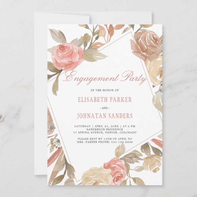 Dusty Rose Peach Cream Floral Engagement Party Invitation (Front)