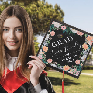 Dusty Rose Peach Floral   Class of 2024 Graduate G Graduation Cap Topper