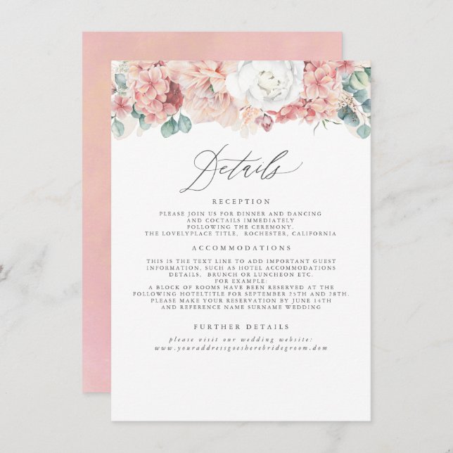 Dusty Rose Peach Floral Wedding Information Enclosure Card (Front/Back)