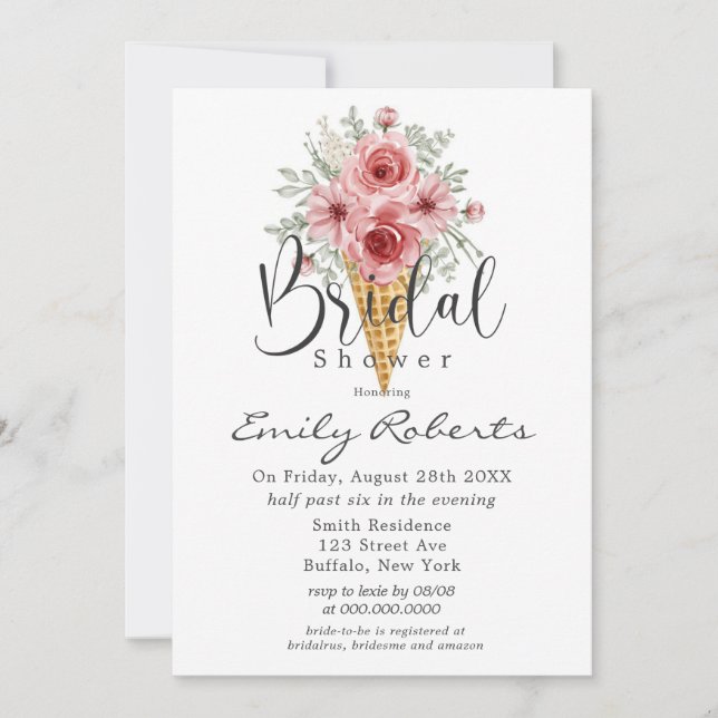 Dusty Rose Peony Ice Cream Cone Bridal Shower Invitation (Front)