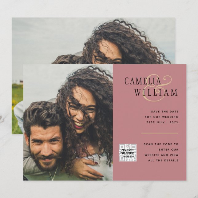 Dusty ROSE Photo Wedding Invite QR Code Save Date (Front/Back)