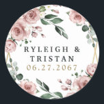 Dusty Rose Pink and Gold Floral Greenery Wedding Classic Round Sticker<br><div class="desc">Design features an elegant geometric gold coloured (printed) frame decorated with watercolor roses in shades of dusty rose pink,  mauve and similar shades with white floral elements over various types of greenery branches and leaves.   View the collection on this page to find matching products from this suite.</div>
