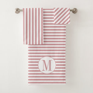 Dusty rose pink and white stripes and monogram bath towel set
