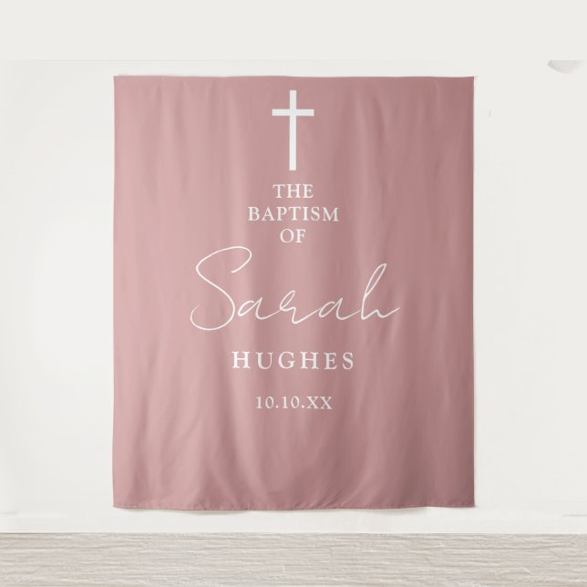Dusty Rose Pink Baptism Christening Photo Backdrop Tapestry (Front)
