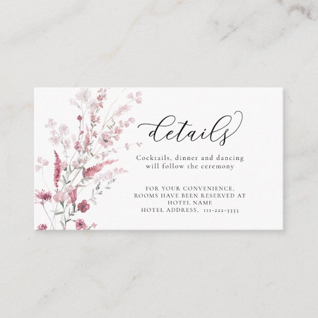 Dusty Rose Pink Blush Wild Flowers Wedding Details Enclosure Card (Front)