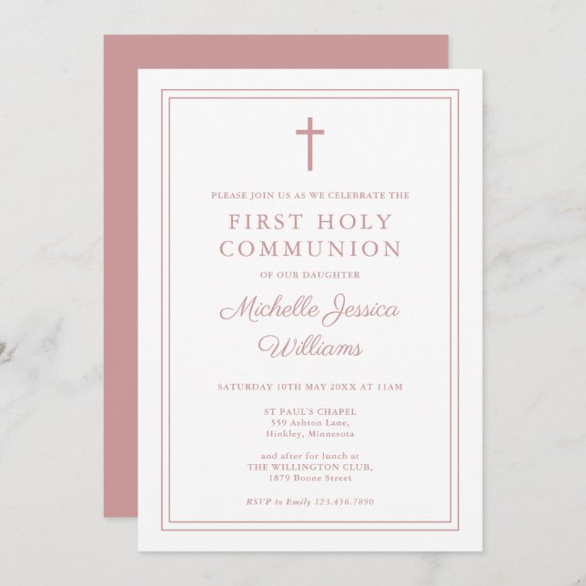 Dusty Rose Pink Border First Holy Communion Invitation (Front/Back)