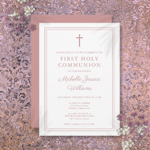 Dusty Rose Pink Border First Holy Communion Invitation