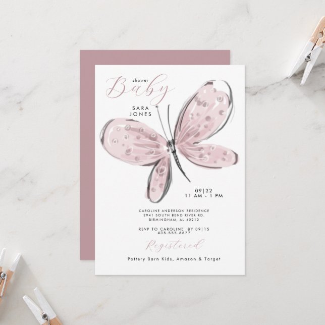 Dusty Rose Pink Butterfly Baby Shower Invitation (Front/Back In Situ)