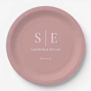 Dusty Rose Pink Chic Monogram Wedding Paper Plate