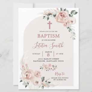 Dusty Rose Pink Cross Baptism Invitation
