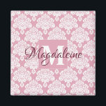 Dusty Rose Pink Damask Monogram with Name Magnet<br><div class="desc">This pretty magnet features a white damask pattern over a Dusty Rose or Pink background. The design is personalized with a monogram initial letter as well as a customizable name. This pretty feminine pattern makes it a great gift for any woman or girl.</div>