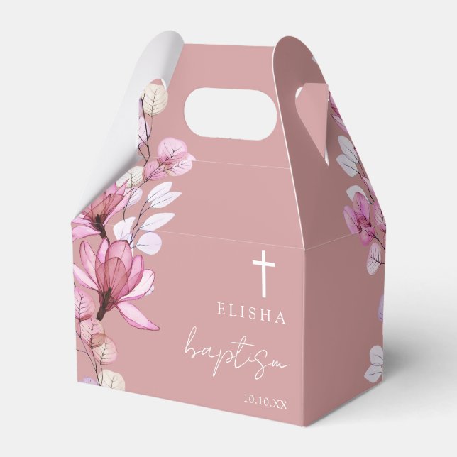 Dusty Rose Pink Elegant Floral Baptism Favor Box (Front Side)
