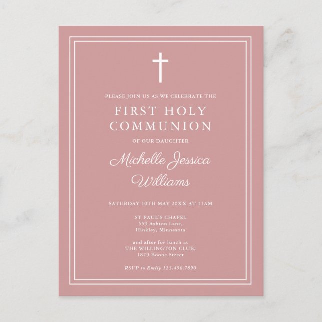 Dusty Rose Pink First Holy Communion Invitation Postcard (Front)