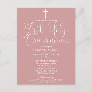 Dusty Rose Pink First Holy Communion Save The Date Postcard