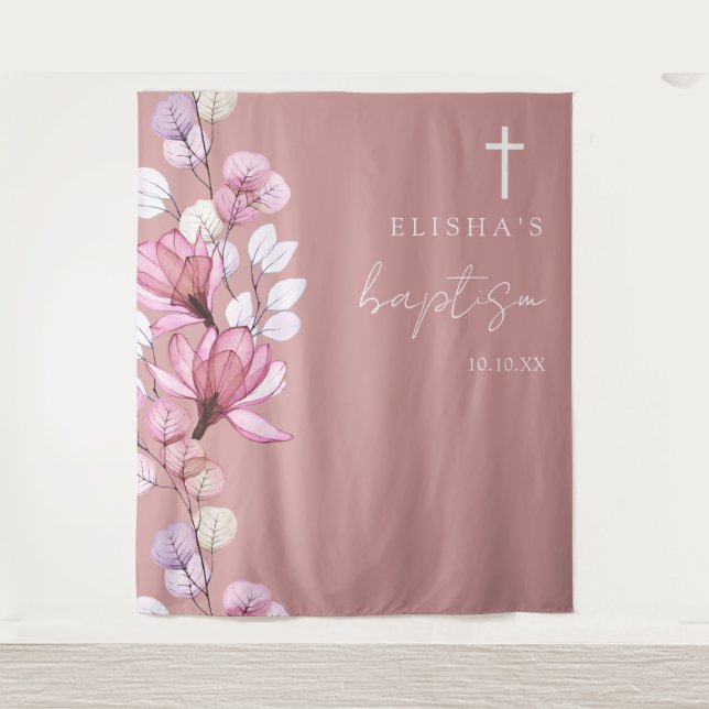 Dusty Rose Pink Floral Baptism Photo Backdrop Tapestry (Front)