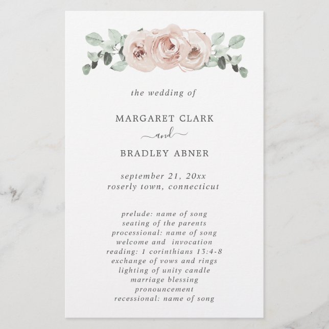 Dusty Rose Pink Floral Budget Wedding Program (Front)