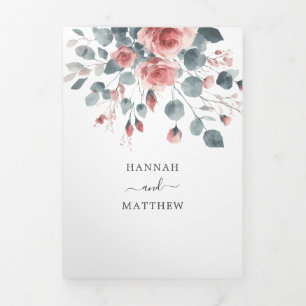  Dusty Rose Pink Floral Elegant watercolor Wedding Tri-Fold Invitation