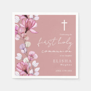 Dusty Rose Pink Floral First Holy Communion Napkin