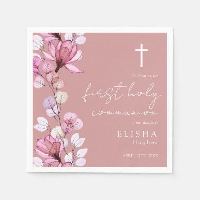 Dusty Rose Pink Floral First Holy Communion Napkin (Front)