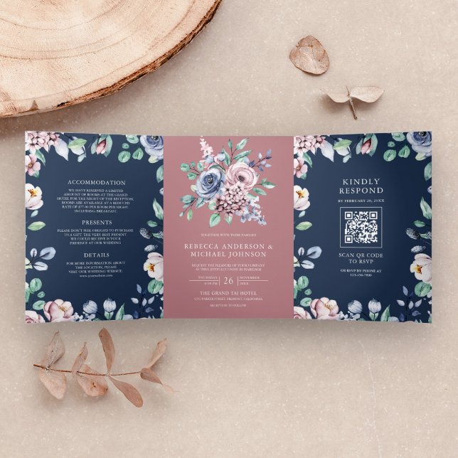 Dusty Rose Pink Floral Navy Blue QR Code Wedding Tri-Fold Invitation (Creator Uploaded)