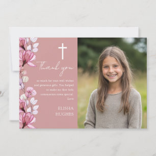 Dusty Rose Pink Floral Photo First Holy Communion Thank You Card