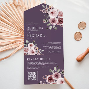 Dusty Rose Pink Floral Purple QR Code Wedding All In One Invitation
