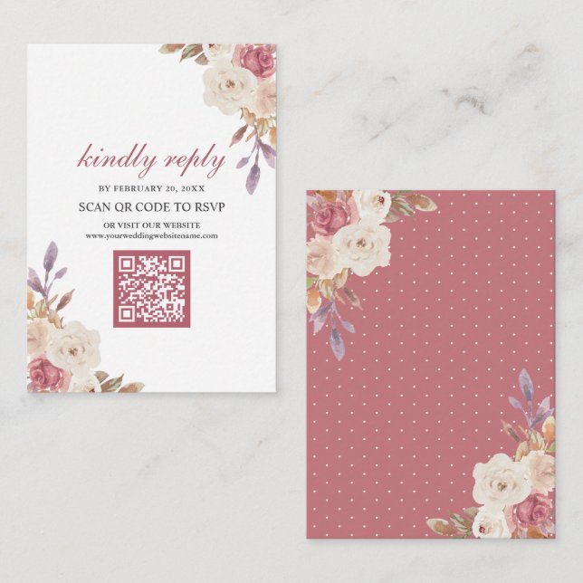 Dusty Rose Pink Floral QR Code RSVP Wedding Enclosure Card (Front/Back)