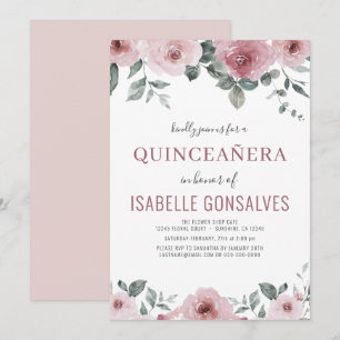 Dusty Rose Pink Floral QUINCEAÑERA Celebration Invitation