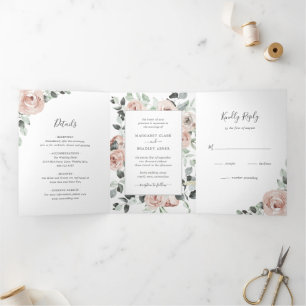 Dusty Rose Pink Floral Sage Greenery Wedding Photo Tri-Fold Invitation