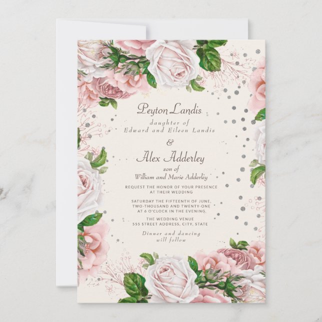 Dusty Rose Pink Floral Silver Glitter Wedding Invitation (Front)