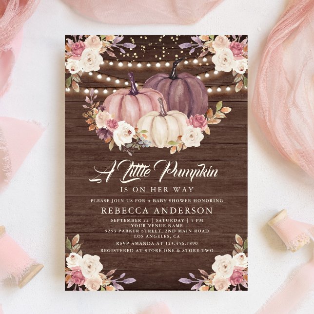 Dusty Rose Pink Floral Wood Pumpkin Baby Shower Invitation (Creator Uploaded)