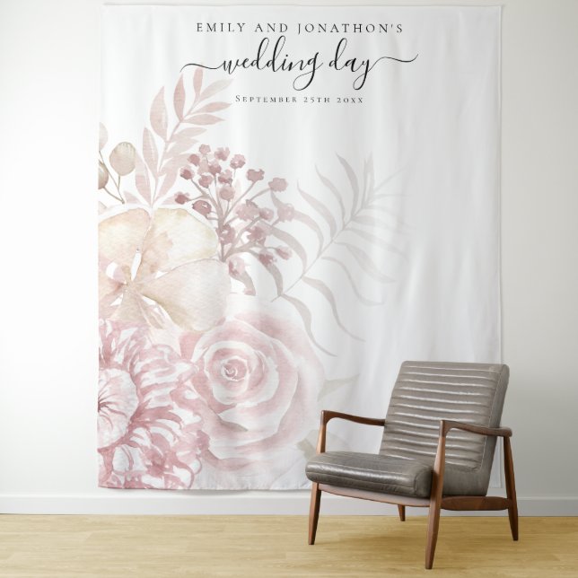 Dusty Rose Pink Florals Wedding Photo Backdrop Tapestry (In Situ)