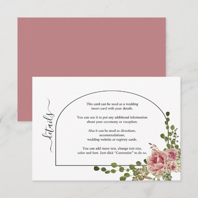 Dusty rose pink flowers and arch floral wedding enclosure card (Front/Back)