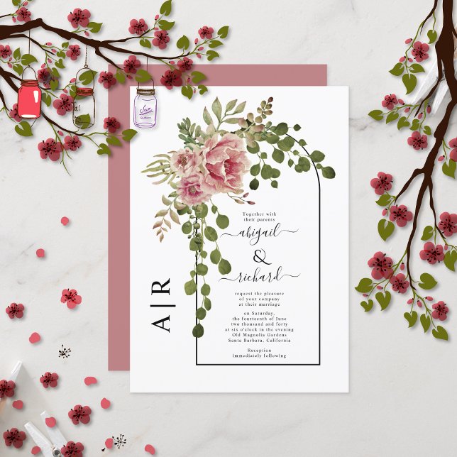 Dusty  rose pink flowers arch and monogram wedding invitation (Creator Uploaded)