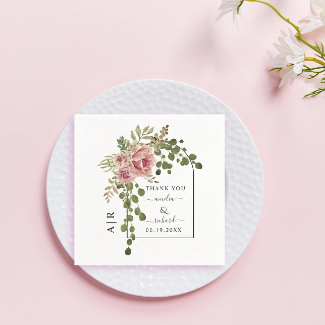 Dusty rose pink flowers, arch and monogram wedding napkin (Creator Uploaded)
