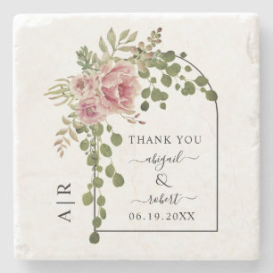 Dusty rose pink flowers, arch and monogram wedding stone coaster