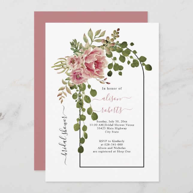 Dusty rose pink flowers arch wedding bridal shower invitation (Front/Back)