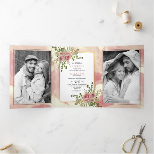 Dusty rose pink flowers spring floral boho wedding Tri-Fold invitation