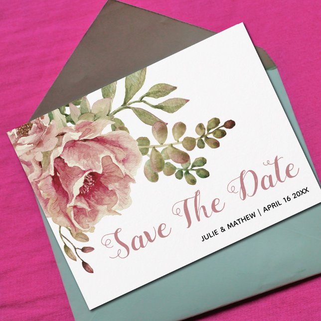 Dusty rose pink flowers wedding Save the Date  Announcement Postcard (Creator Uploaded)