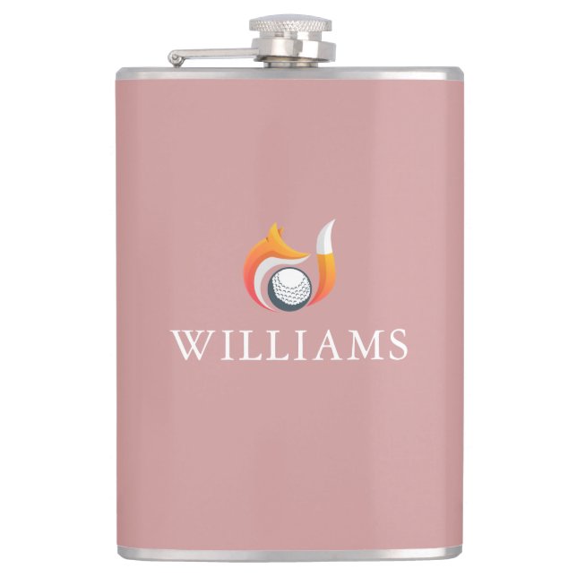 Dusty Rose Pink Fox And Golf Ball Custom Name Hip Flask (Front)