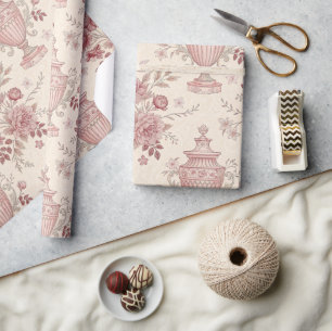 Dusty Rose Pink French Toile Wrapping Paper