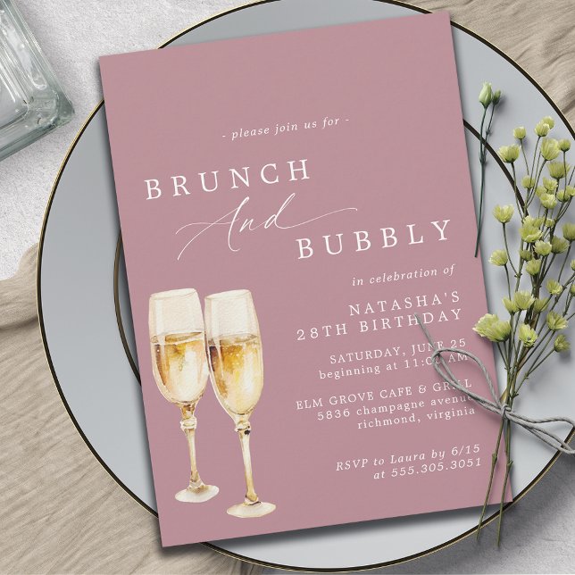 Dusty Rose Pink | Girly Champagne Birthday Brunch  Invitation (Creator Uploaded)